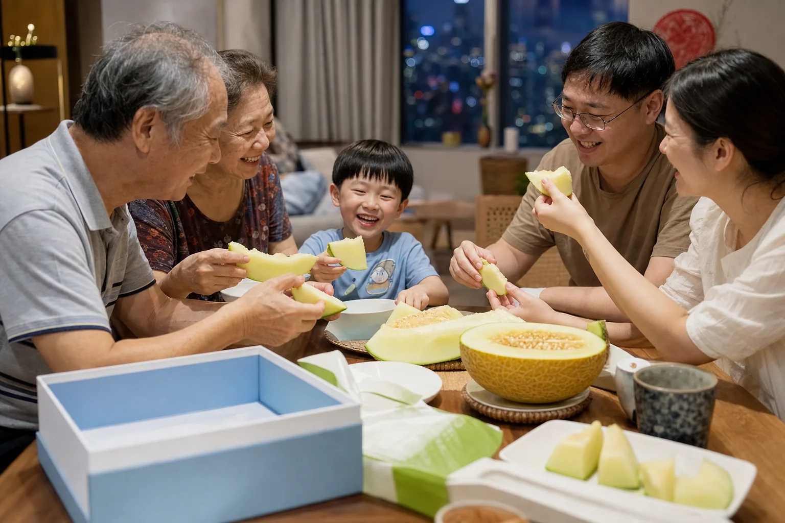 香港三代家庭飯後分享八六王哈密瓜