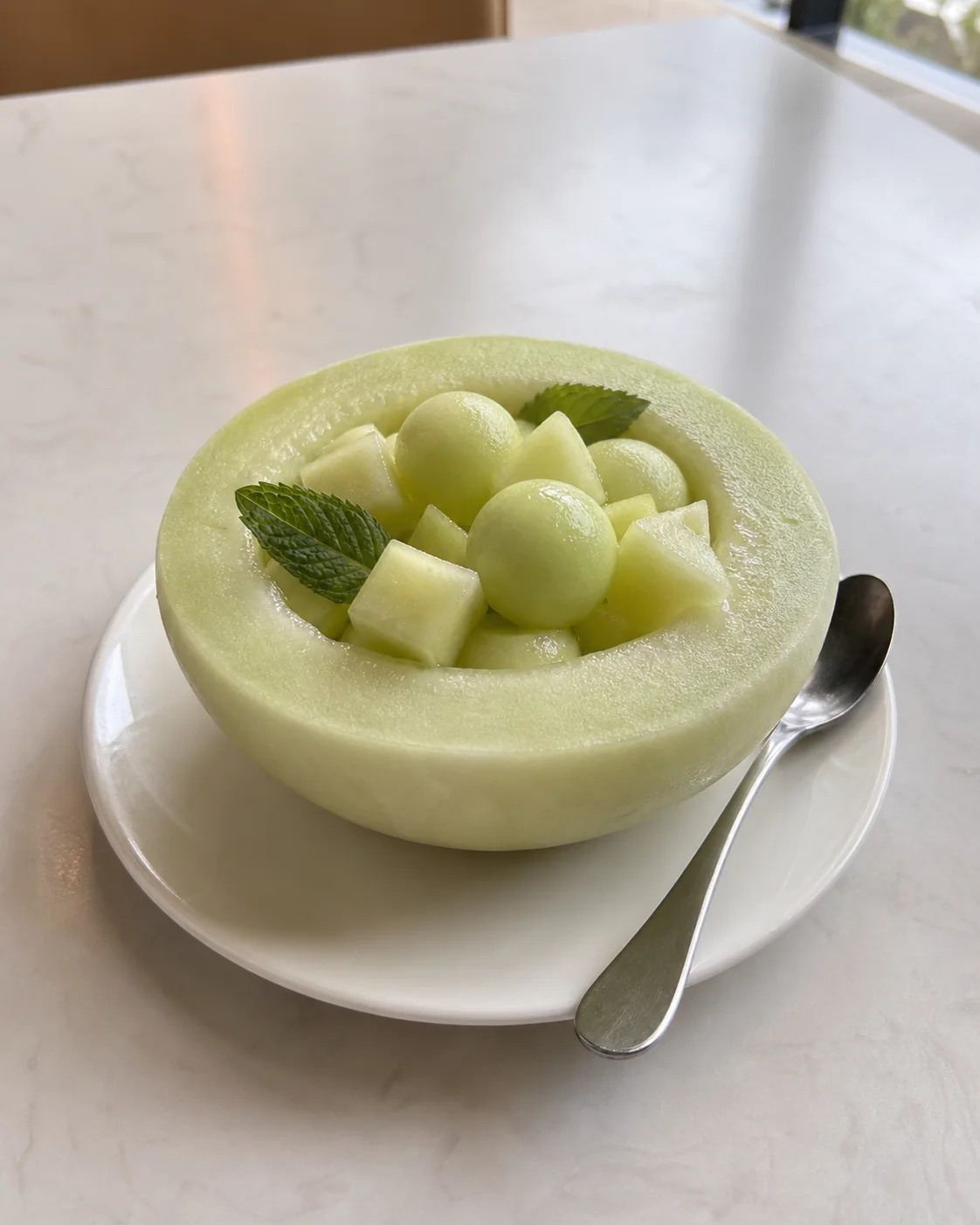以半顆玉菇甜瓜製作的果盅甜品