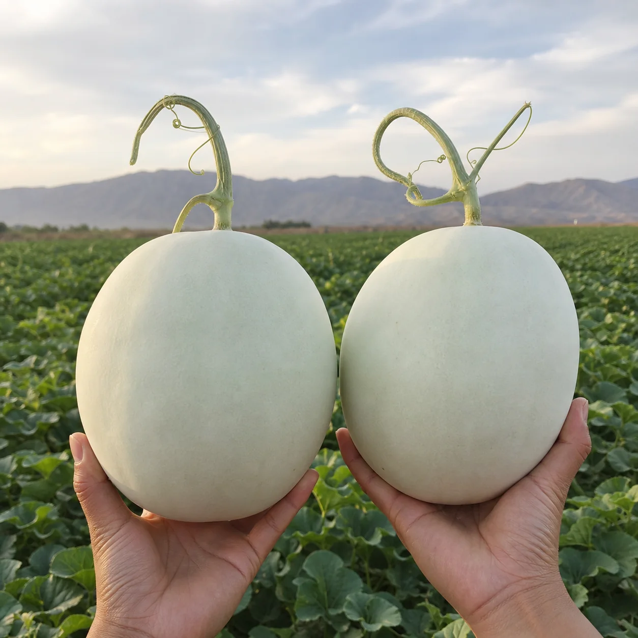 田間手持兩顆乳白色玉菇甜瓜